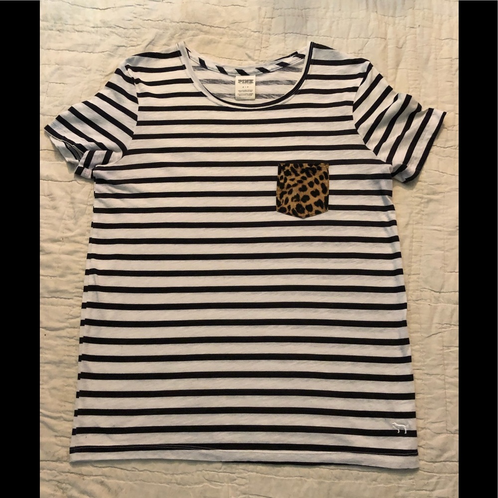 Pink short sleeve shirt striped black/white l